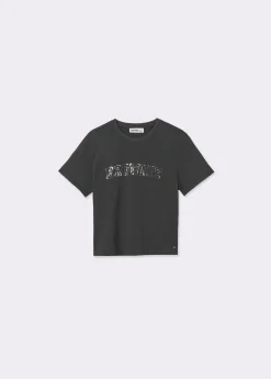Camiseta manga corta texto bordado lentejuelas